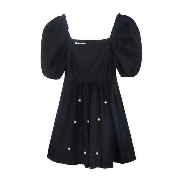 

perhaps u women black beige puff short sleeve empire a-line mini dress summer vintage elegant chic d3034 210529, Black;gray