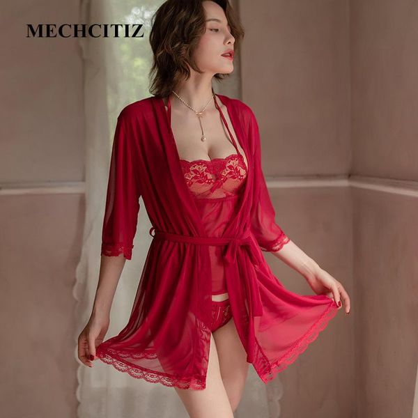 

women's sleepwear mechcitiz 3 pcs lace lingerie erotic pajamas robes panty transparent underwear nightwear female, Black;red