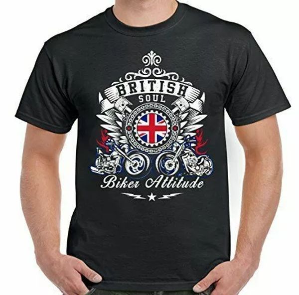 

biker british soul biker attitude mens motorcycle t-shirt, White;black