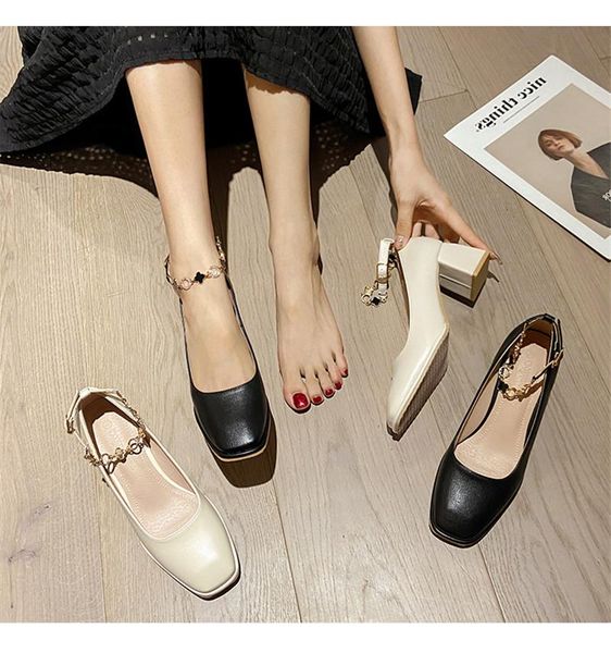 

dress shoes fashion buckle thick heel mary jane 2021 autumn high heels mid-heel shallow square toe, Black