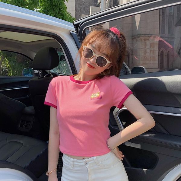 

women's t-shirt summer korean version loose wild cute graffiti round neck short-sleeved fashion female short pink top, White