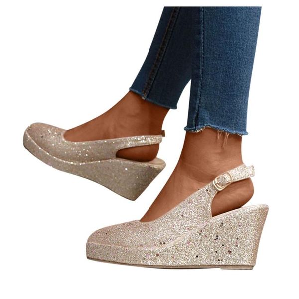 

women's wedges shoes ladies fashion solid sequins bling round head woman strap shallow casual sandals sandalia, Black