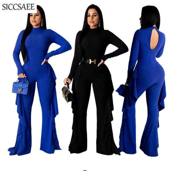 

women's jumpsuits & rompers open back elegant for women 2021 ruffles side wide leg long pants solid color overalls knitted mono mujer, Black;white