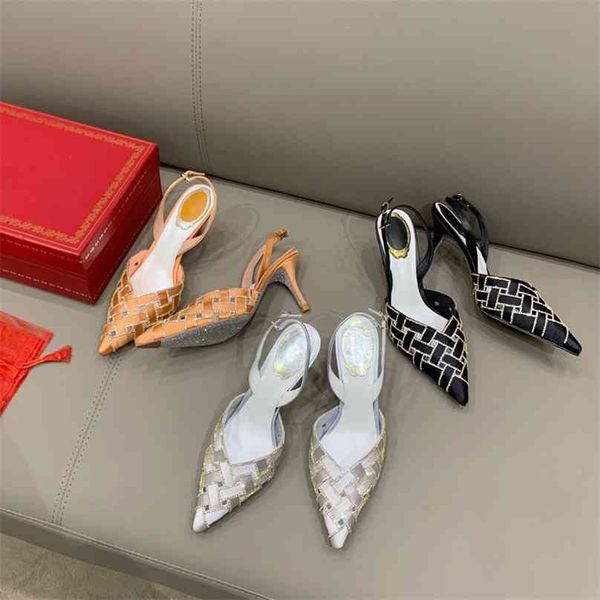 

2021 edition rc silk satin high cut-out braided rhinestone back trip strap pointed thin heel high heels sandals wedding shoes yw gfit, Black