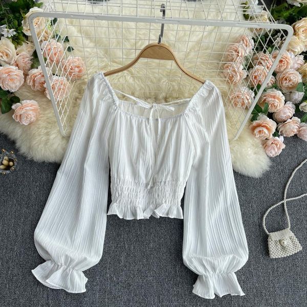 

women's knits & tees female deat long sleeve puff bandage chiffon solid color shirt tight tightre short fashion spring 11b775 r410, White