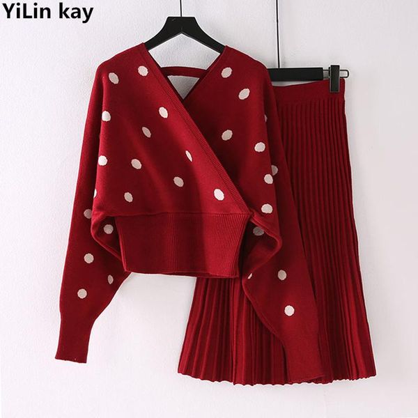 

two piece dress spring women 2 sets sweater set knitted tracksuits v-neck long sleeve pullover & elastic waist skirt suit femme, White