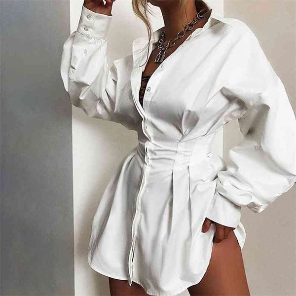 abito camicia vintage con maniche a lanterna donna sexy bottone corto mini club festa da sera bianco nero abiti 210427