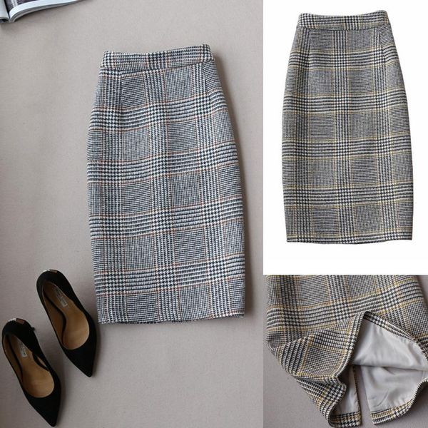 

autumn winter chic plaid skirt office ladies elegant suit knee-length fashion one step bud skirts, Black
