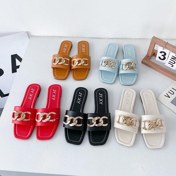 

slippers women square toe flats shoe 2021 summer casual slides outdoor fashion designer metal chain large size 10, Black