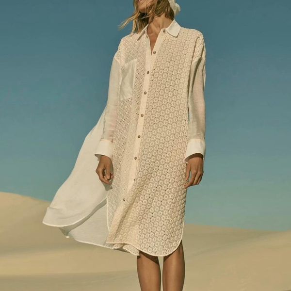 

women's blouses & shirts deat 2021 spring summer women splicing hollow shirt maxi dress embroidery long sleeve elegant dersses ladies v, White