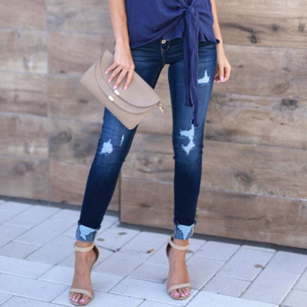 

women's pants & capris 40# denim stretch ripped hole for women skinny button zipper trousers casual slim pocket jeans, Black;white
