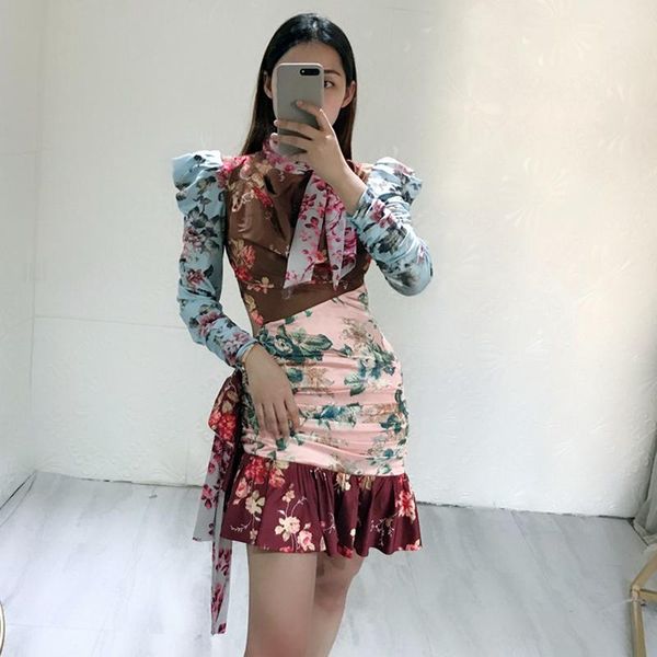 

casual dresses runway designer floral print draped bodice vintage woman mini dress self-tie tie lace short christmas vestido, Black;gray