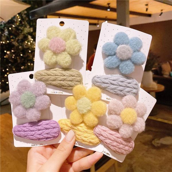 

korea style sweet girl hairpin wool flowers solid color water droplets hair clip for children fashion accessories, Slivery;white