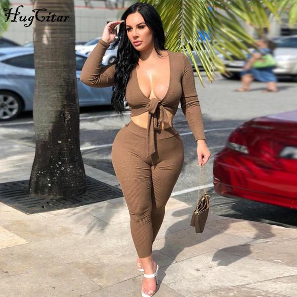 

women's two piece pants hugcitar 2021 long sleeve wrapped bandage crop leggings 2 set autumn winter women fashion streetwear strethcy t, White
