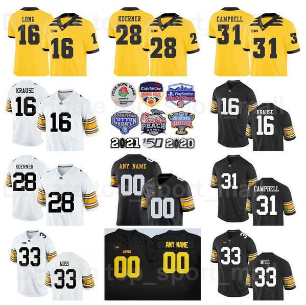 

ncaa college iowa hawkeyes football 31 jack campbell jersey men 28 koerner bob sanders 33 riley moss chuck long 16 paul krause university te, Black