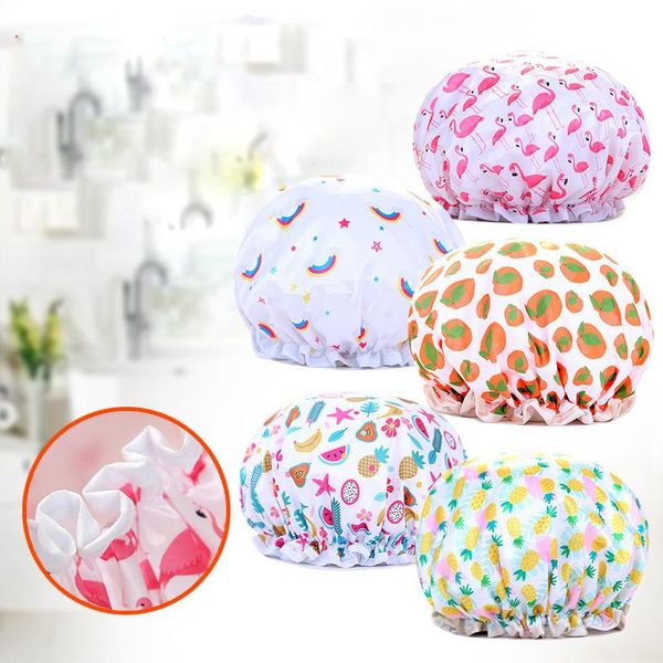

women's printed bathing plastic satin double layer peva ladies hair cap waterproof oiled shower caps
