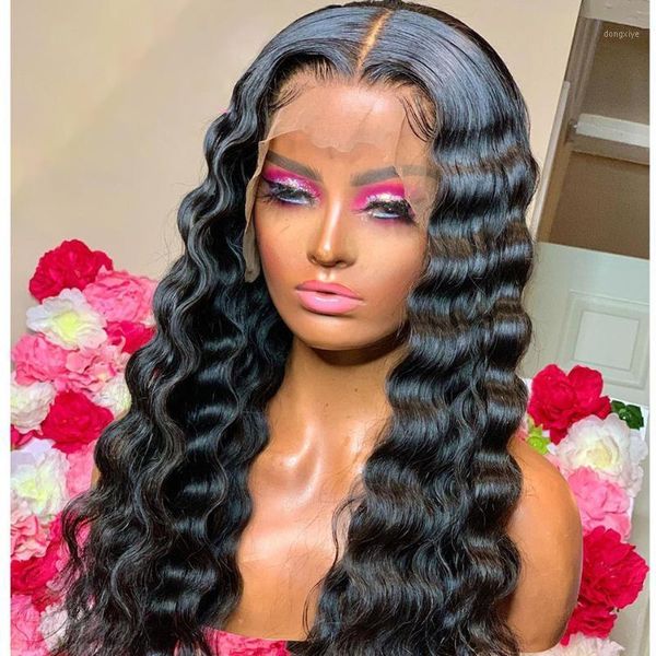 

brazilian deep wave remy human hair swiss lace closure wigs 28 30 inch front pre plucked for black women1, Black;brown