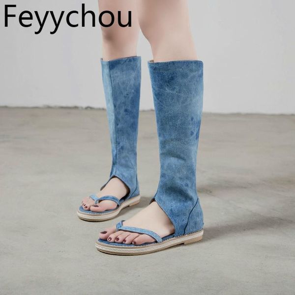 

women sandals flat beach shoes denim clip toe zip knee high gladiator summer boots 2021 fashion casual black blue navy