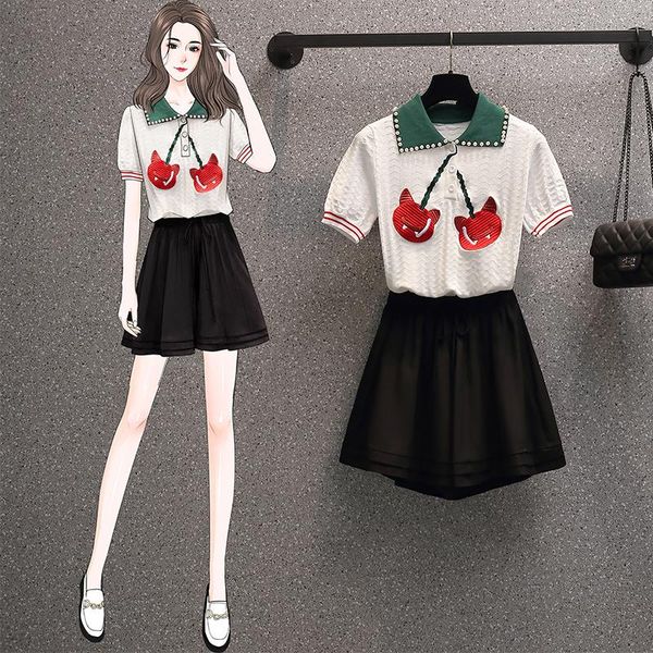 

women's tracksuits set 2 worsted knitted , short sleeved and doll collars, shorts, high waist belts, fashion, summer clothes, Gray