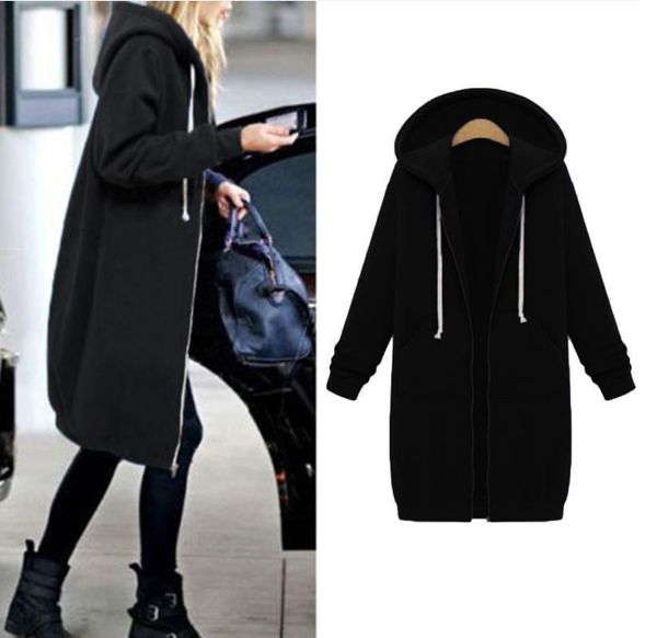 

women's hoodies & sweatshirts women warm winter fleece hooded parka coat overcoat long jacket outwear zipper female s-5xl size sweatshi, Black