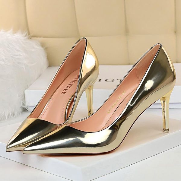 

dress shoes 2021 fashion women patent leather 7.5cm high heels lady pointe toe gold silver pumps female wedding bridal plus size, Black