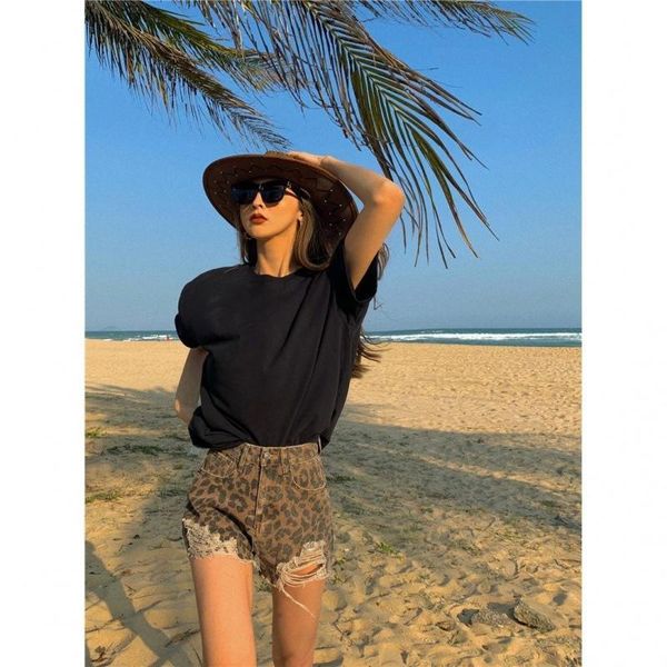 

women's shorts women summer 2021 hole high leopard print on the beach waist jeans burrs female build a word torn wide-legged, White;black