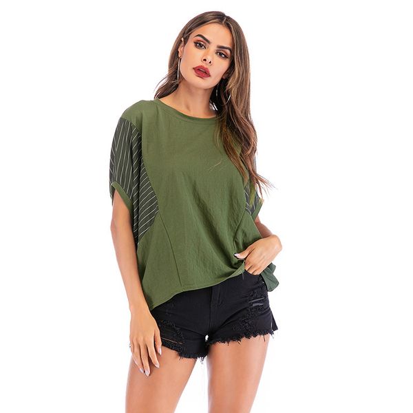 Casual manica a pipistrello maglietta allentata donna patchwork striscia estiva comoda top femminile verde militare pullover femme t-shirt 210507