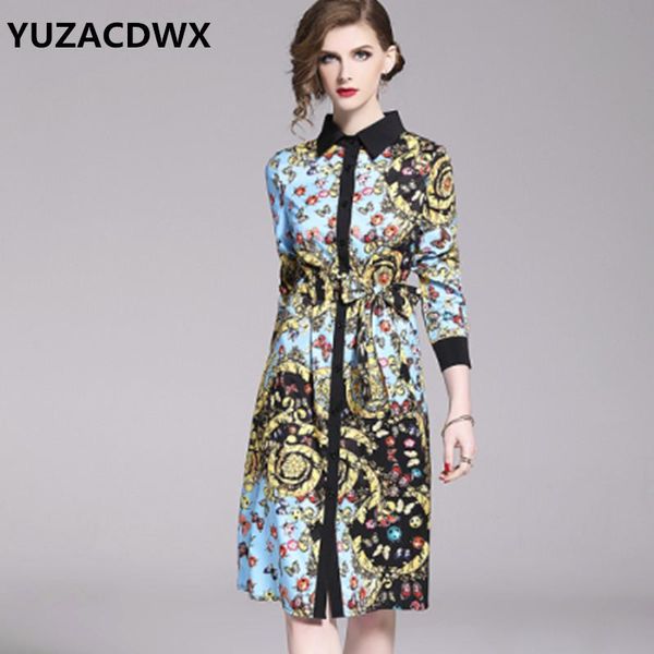 

casual dresses 2021 runway fashion designer spring women's long sleeve gorgeous printed belted dress loose mini shirt, Black;gray