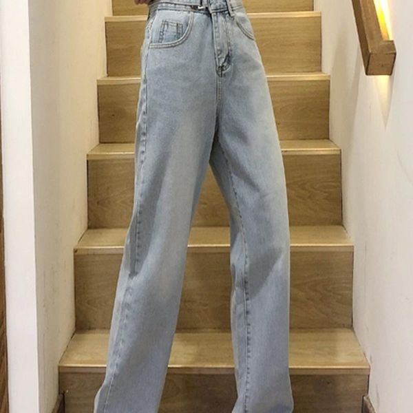 

women's jeans varofi high waist straight leg flooring pants women loose bf style large size to show slim drape denim wide, Blue