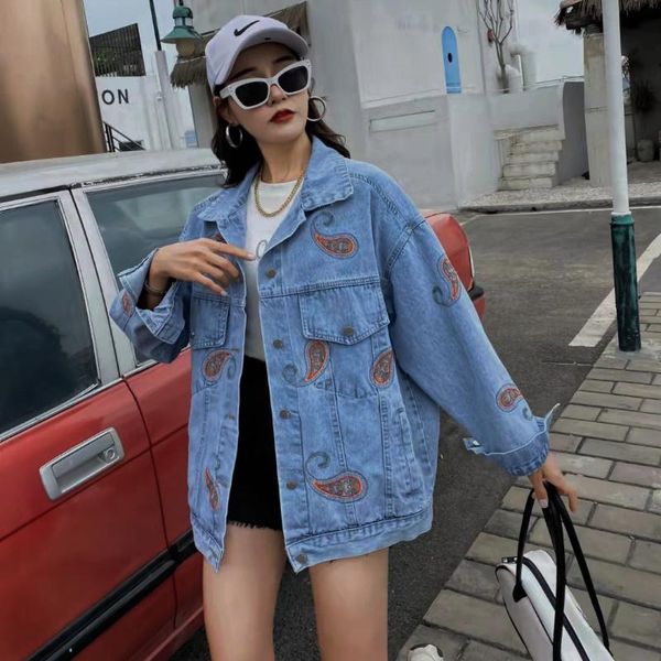 

women's jackets bf deisgn pattern embroidery jacket plus size autumn denim coat long sleeve casual jeans outfit, Black;brown