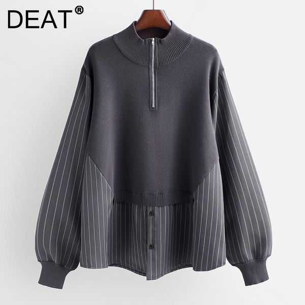 

women's hoodies & sweatshirts woman sweatshirt knitted patchwork zipper stripe stand collar lantern sleeve loose casual style 2022, Black