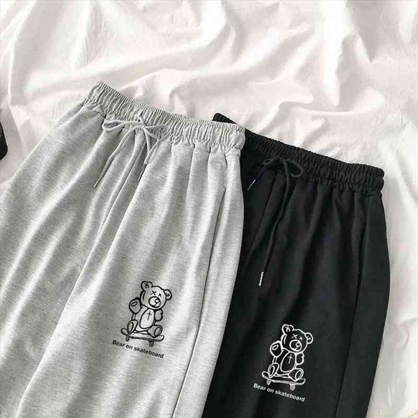 

harajuku bear print gray joggers sports pants women oversize black jogging sweatpants korean fashion wide leg trousers, Black;white