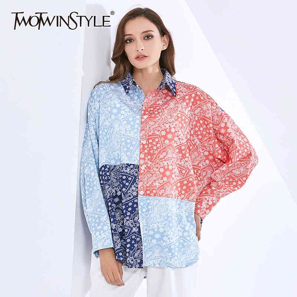 

patchwork printed shirt for women lapel long sleeve hit color casual korean blouse female fashion style 210524, White