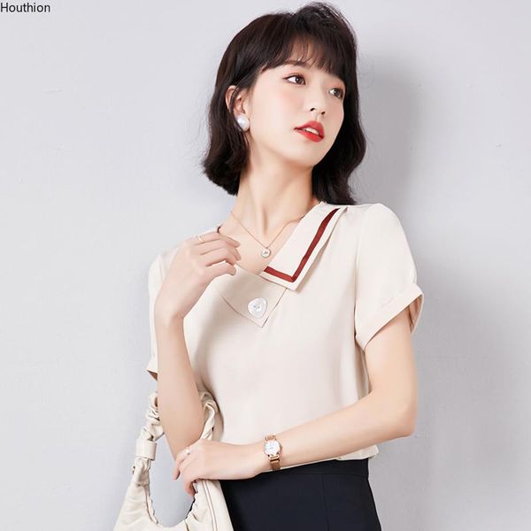 

women's blouses & shirts chiffon casual silk shirt korean loose plus size fashion short sleeve summer v-neck lady houthion, White