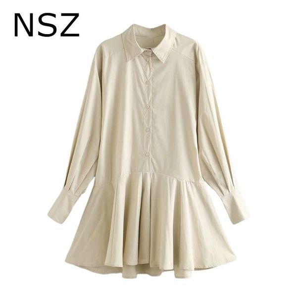 

casual dresses nsz women oversized cotton pleated ruffles hem shirt dress long sleeve turn down collar fashion basic mini, Black;gray
