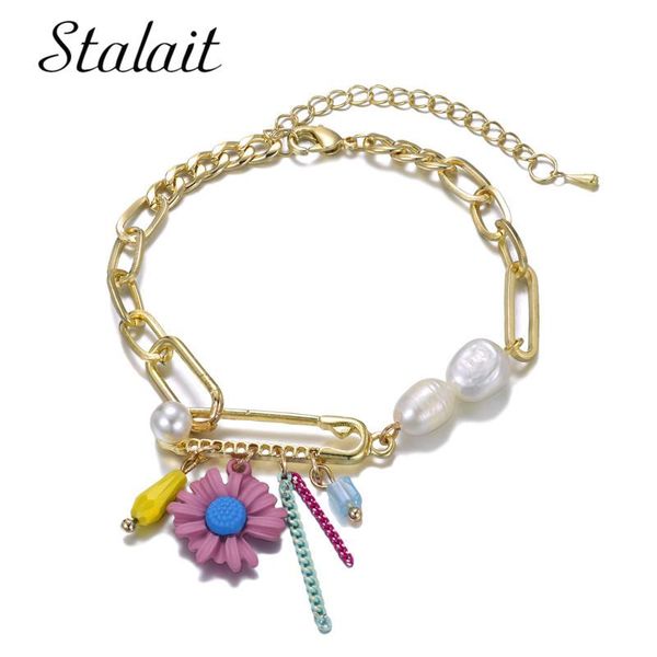 

charm bracelets golden chains paper clip resin chrysanthemum colorful chain tassel crystal beads irregular shape pearls bracelet, Golden;silver