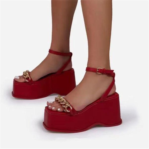

sandals summer women wedges platform ladies metal chain shoes casual ankle strap sandalias mujer sandale femme plus size, Black