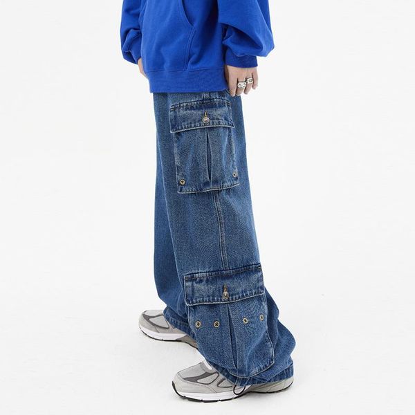 

men's jeans work loose straight tube autumn fashion brand trend versatile dark blue casual