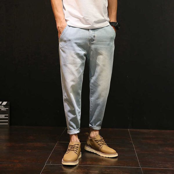 

thin quality jeans men's solid color 9.9% 2021 summer leisure korean fashion bulk loose, Blue