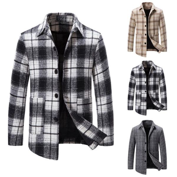 

men's jackets casual plaid single breasted solid turn-down collar long woollen overcoat lapel mid-length trench coat, Black;brown