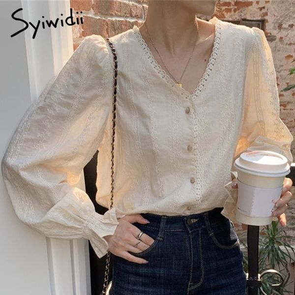

women's blouses & shirts syiwidii embroidery for women lace v neck long sleeve button up shirt korean elegant plus size beige, White