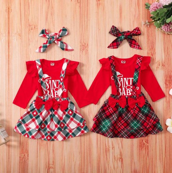 

clothing sets 3pcs christmas baby girls outfit letter printing long sleeve romper plaid suspender skirt headwear set xmas costume, White