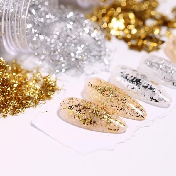 

nail art decorations glitter gold foil flakes sequins for nails craft flake sliver leaf paper gilding diy makeup decoration, Silver;gold