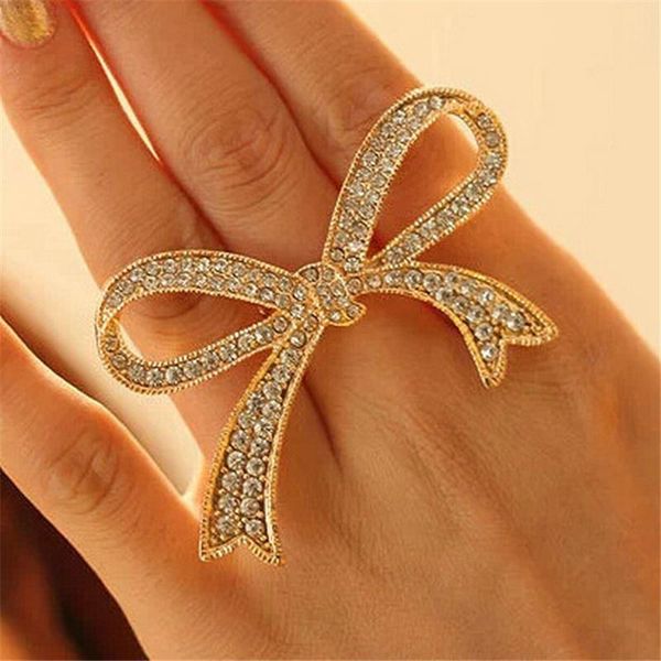 

wedding rings adjustable bowknot for women girls geometry finger accessories shiny zircon opening ring fashion jewelry gifts, Slivery;golden