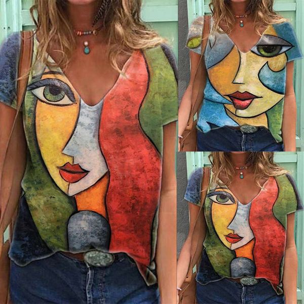 

women's t-shirt 2021 spring / summer portrait print v-neck short sleeve r1ia, White