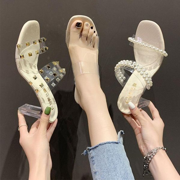 

slippers shoes transparent slides square heel fashion women heels jelly flip flops med pantofle soft block luxury high glitter, Black