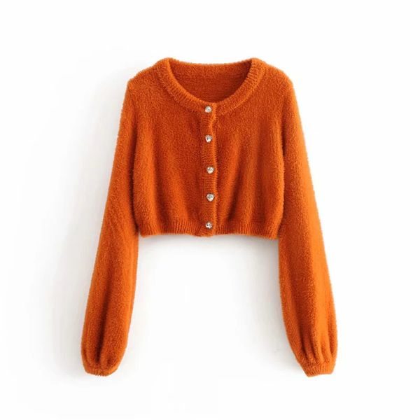 Vintage Chic Orange Faux Nerz Cropped Strickjacken Frauen Mode Oansatz Einreiher Pullover Casual Weibliche Tops 210520