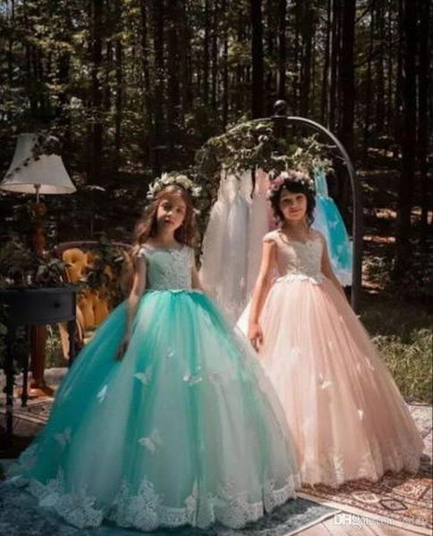 

family matching outfits champagne ball gown flower girls dresses for weddings sheer neck cap sleeves appliques tulle tutu infant birthday pa, Blue