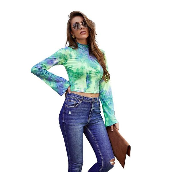 

women's t-shirt fall women fashion long sleeve tie-dye print stylish high collar crop short streetwear, White
