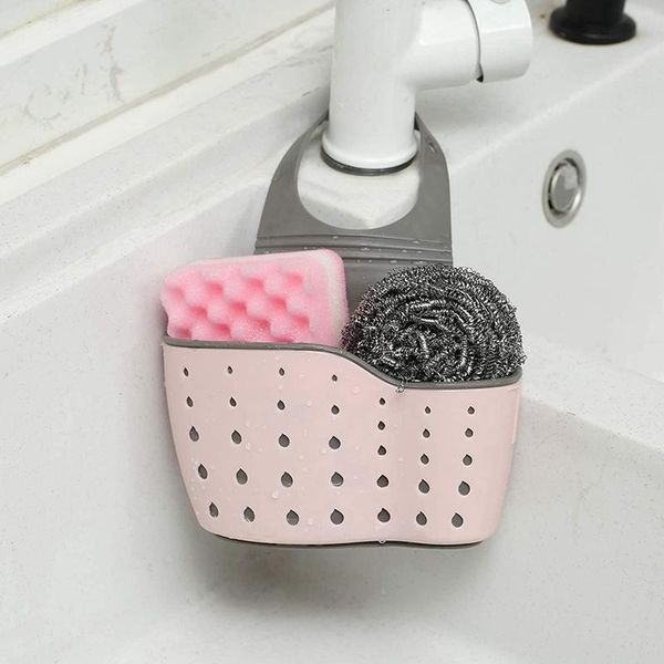 

kitchen sink caddy sponge holder silicone plastic soap hanging ajustable strap faucet with drain holes storage & organization